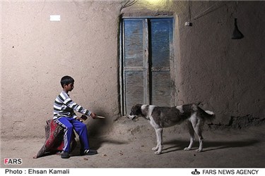 کودک ترکمن درحال غذا دادن به سگ