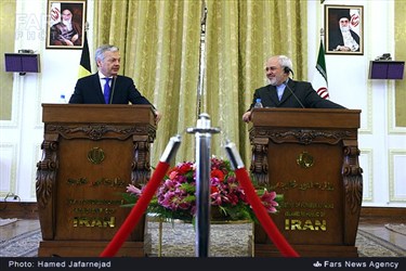 کنفرانس خبری دیدیه ریندرز معاون نخست‌وزیر و وزیر خارجه بلژیک و محمدجواد ظریف وزیر خارجه ایران