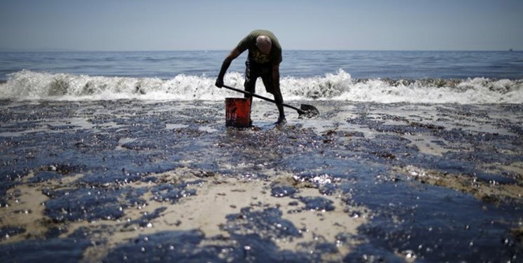 پاکسازی لکه‌های نفتی در ساحل کنگان