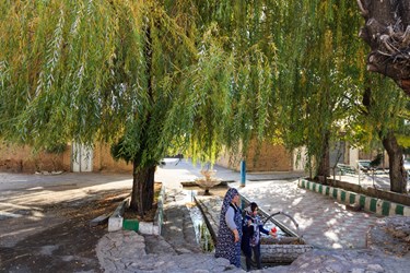 بانوی روستایی به همراه نوه خود برای پر کردن ظروف آب خود به  قنات ملکان در میدان مرکزی روستای دیزج خلیل آمده است.