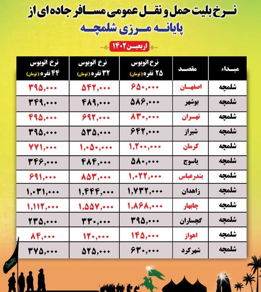 نرخ کرایه‌های اتوبوس‌های پایانه‌های شلمچه و چذابه