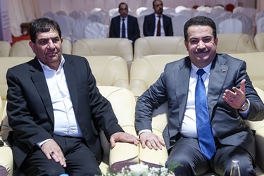 محمد شیاع السودانی نخست وزیر عراق و محمد مخبر معاون اول رئیس جمهور در مراسم آغاز عملیات اجرایی ۳۲ کیلومتر راه آهن شلمچه تا بصره